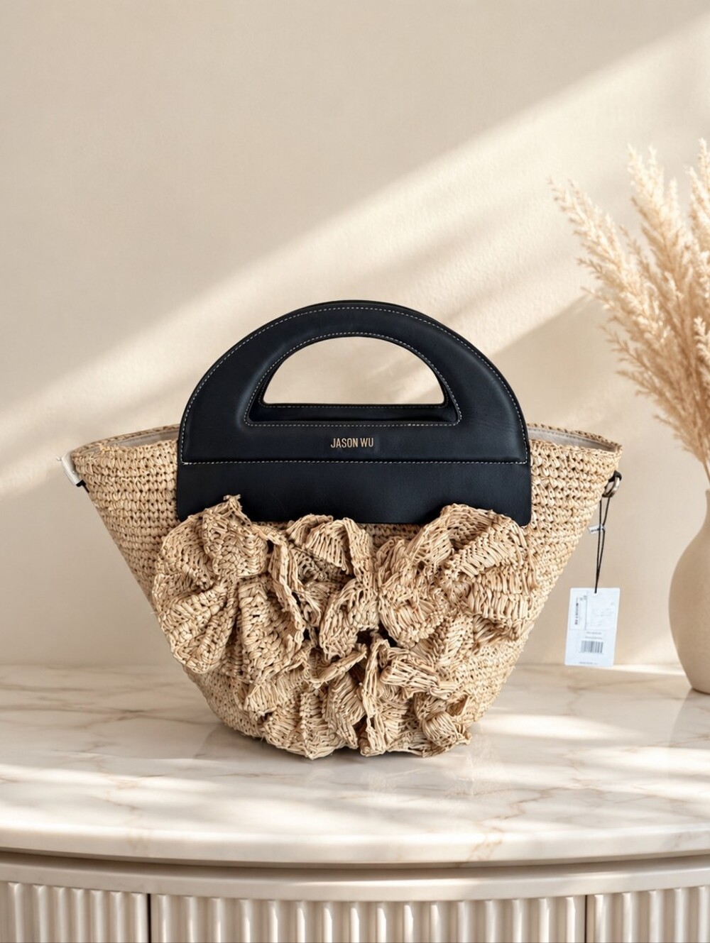 NWT Jason Wu Black & Natural Raffia Tote with Floral Appliqué ✨ $365 Retail